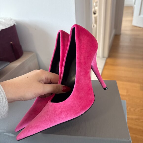 NWT Balenciaga Knife 100mm Pointed Toe Pumps Bright Pink Velvet Stilettos Sz 35 - Picture 7 of 9